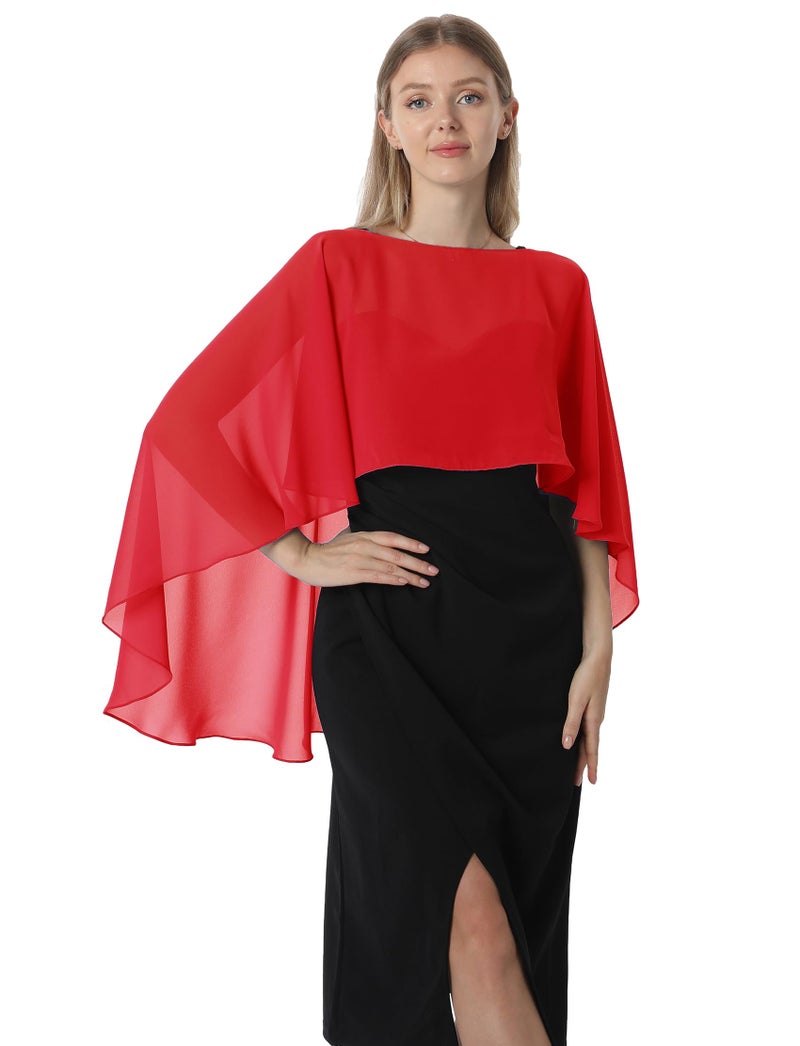 Hotshawl Capelets for women Chiffon Cape Shawls and Wraps for Evening Dress Wedding Capes Cover Up (Red) - Image 1